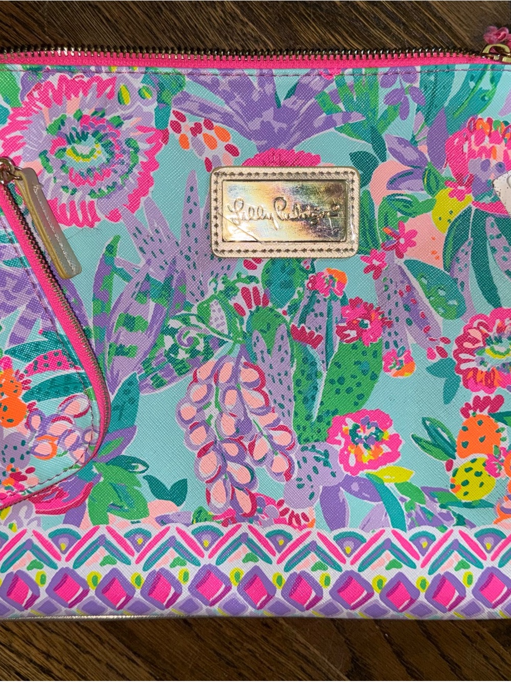 Lilly Pulitzer Turquoise Floral Zip Cosmetic Pouch with Pink Accents